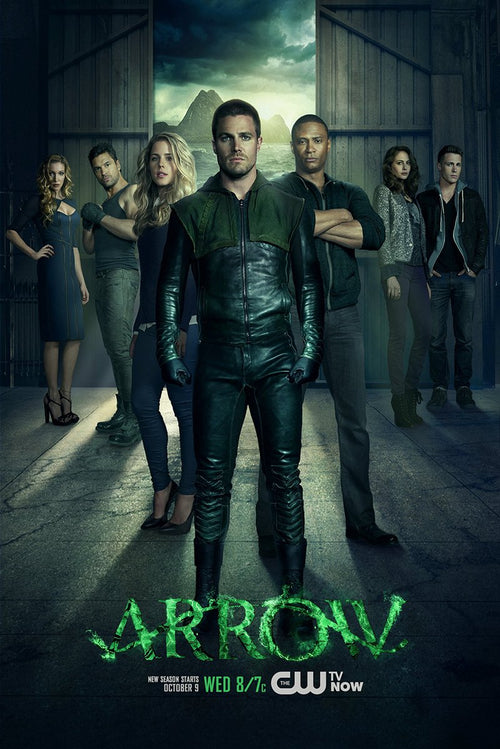 Arrow poster features Oliver Queen in a dark green leather suit with six cast members before open doors and stormy mountains.