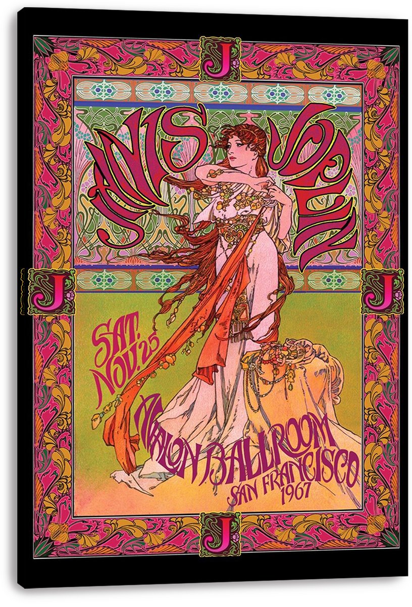 Art Nouveau concert poster canvas featuring a poised woman in draped white garments, psychedelic red lettering, and a vivid pink and gold ornamental border.