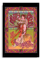 Framed Art Nouveau concert poster wall art with a woman wearing jewelry, sweeping ribbons, green patterned panels, and Avalon Ballroom San Francisco 1967 text.