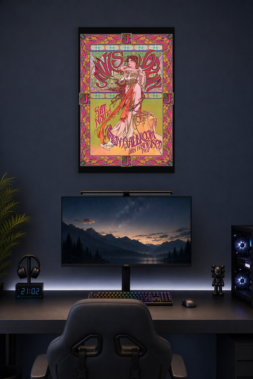 Art Nouveau Woman Psychedelic Concert Poster in a gaming desk setup above a monitor.