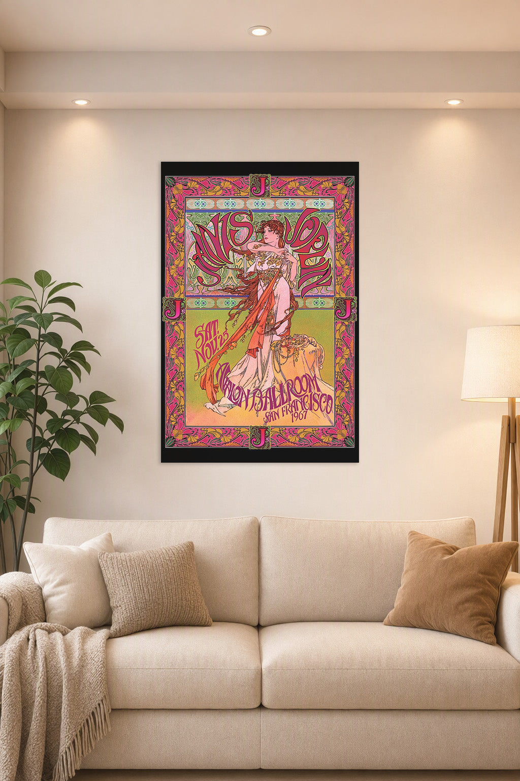 Art Nouveau Woman Psychedelic Concert Poster in a bright living room above a beige sofa.