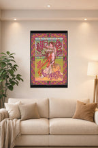 Art Nouveau Woman Psychedelic Concert Poster in a bright living room above a beige sofa.