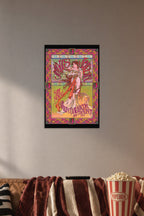 Art Nouveau Woman Psychedelic Concert Poster in a cozy movie room above a brown sofa with popcorn.