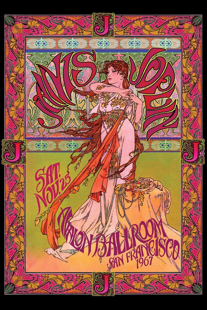 Art Nouveau concert poster wall art print with a jeweled woman, flowing red scarf, ornate pink floral border, and Avalon Ballroom 1967 lettering.