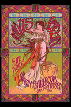 Art Nouveau concert poster wall art print with a jeweled woman, flowing red scarf, ornate pink floral border, and Avalon Ballroom 1967 lettering.