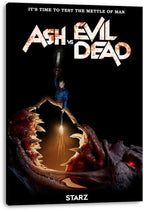 Ash vs Evil Dead canvas wall art print of Ash straddling a monster's jaws with chainsaw and gun beneath the blood-splattered title.