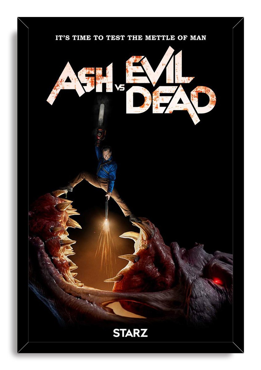 Framed Ash vs Evil Dead wall art print with Ash battling a red-eyed, sharp-toothed creature beneath bold white logo text.