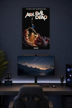 Ash vs Evil Dead Ash Williams in a gaming desk setup above a monitor.