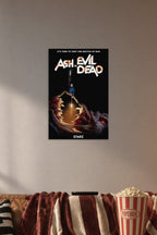 Ash vs Evil Dead Ash Williams in a cozy movie room above a brown sofa with popcorn.