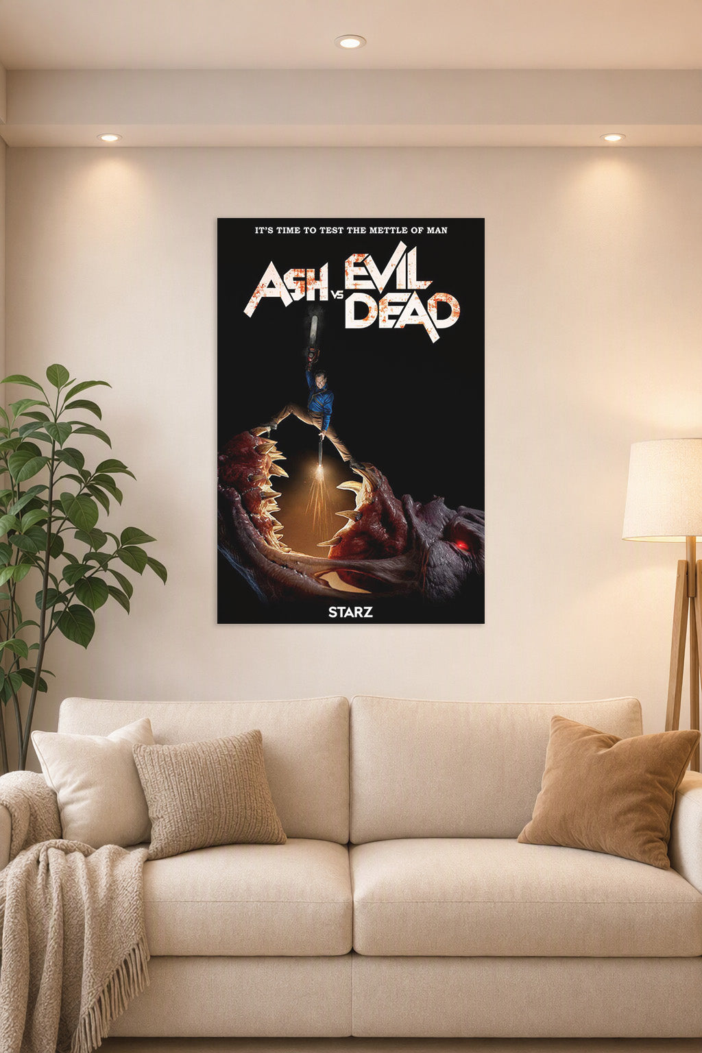 Ash vs Evil Dead Ash Williams in a bright living room above a beige sofa.