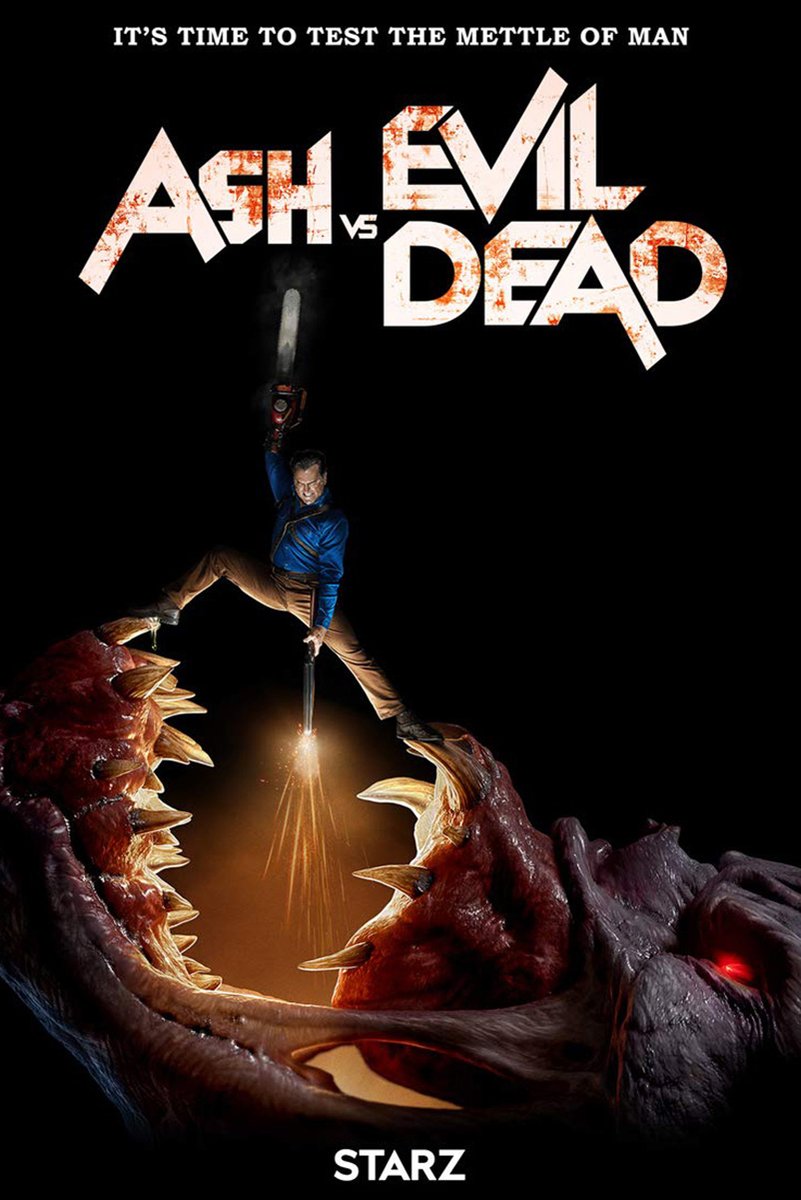 Ash vs Evil Dead poster featuring Ash in a blue shirt, chainsaw raised over a giant fanged monster mouth on black.