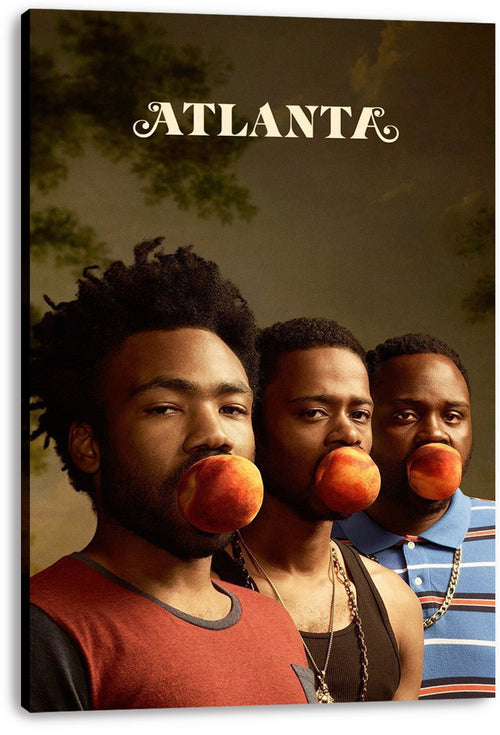 Atlanta TV series canvas wall art print displaying three peach-mouthed men in red, black, and blue shirts against a moody sky.