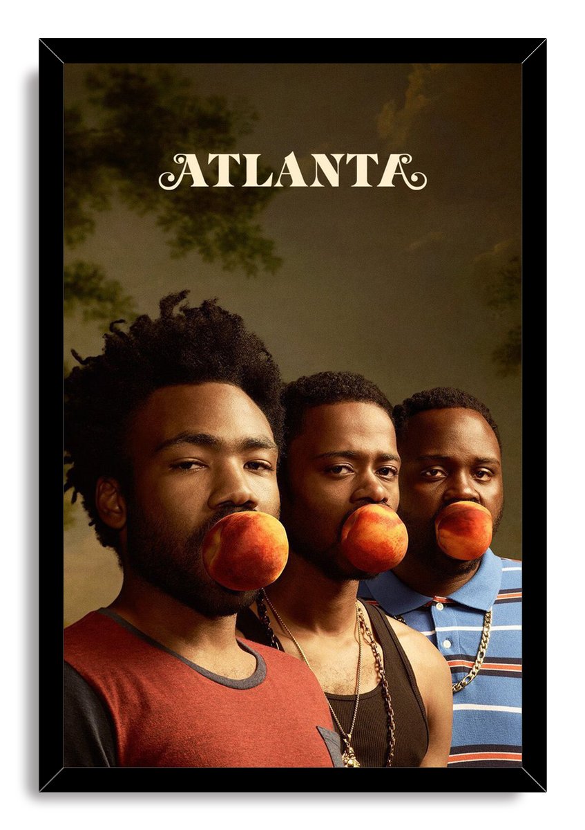 Atlanta TV series framed wall art print with three men holding peaches in their mouths under the cream Atlanta title.