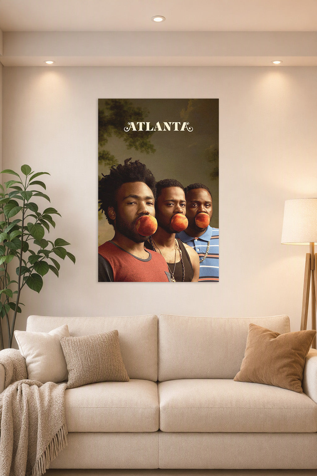 Atlanta TV Series Cast in a bright living room above a beige sofa.