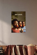 Atlanta TV Series Cast in a cozy movie room above a brown sofa with popcorn.