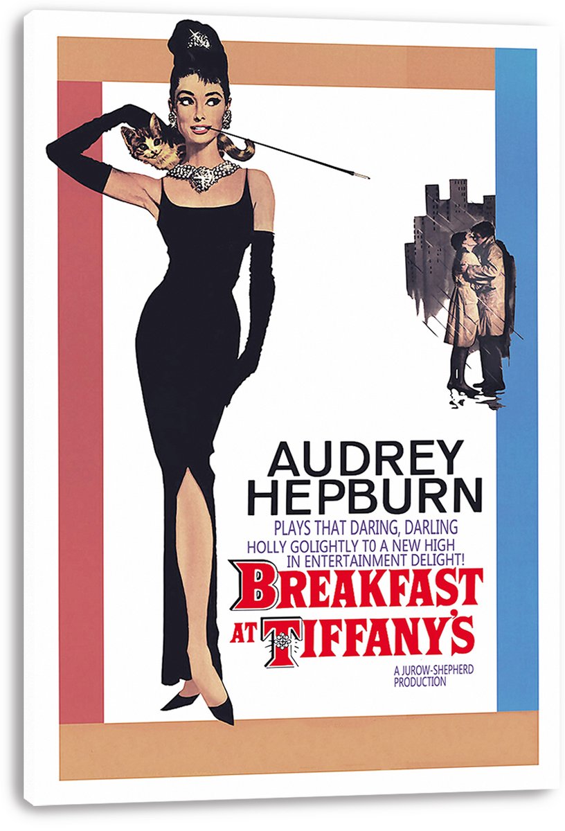 Breakfast at Tiffany's wall art print on a white canvas, featuring Audrey Hepburn with a cat and cigarette holder.