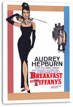 Breakfast at Tiffany's wall art print on a white canvas, featuring Audrey Hepburn with a cat and cigarette holder.