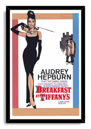 Breakfast at Tiffany's framed wall art print featuring Audrey Hepburn in black dress, with cat, city couple, and bold red title.