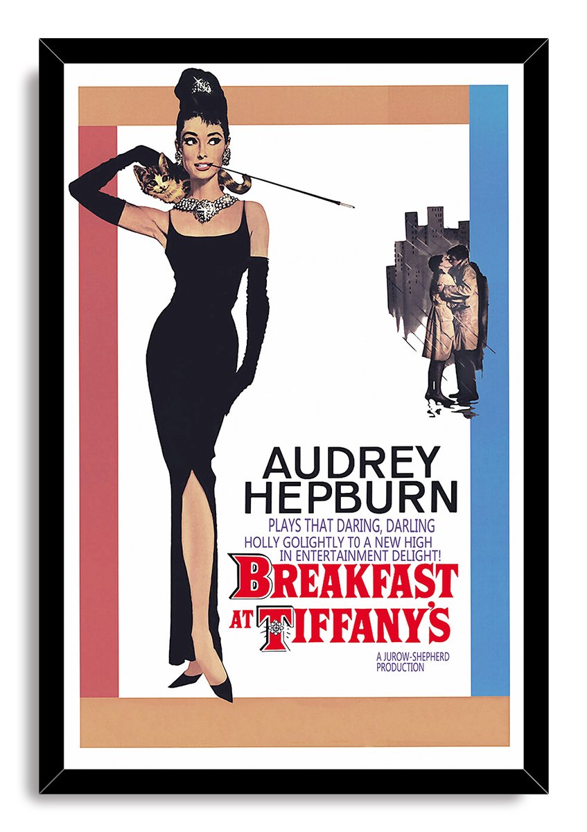Breakfast at Tiffany's framed wall art print featuring Audrey Hepburn in black dress, with cat, city couple, and bold red title.