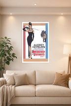 Audrey Hepburn Breakfast at Tiffany's in a bright living room above a beige sofa.