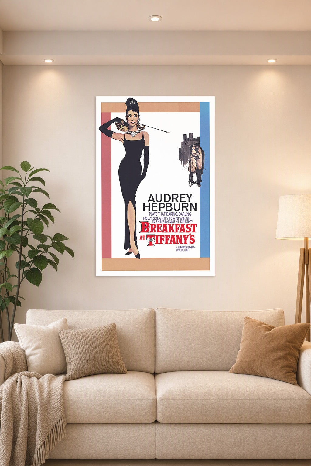 Audrey Hepburn Breakfast at Tiffany's in a bright living room above a beige sofa.