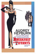 Breakfast at Tiffany's poster with Audrey Hepburn in a black gown, pearls, gloves, cat, cigarette holder, and red title text.