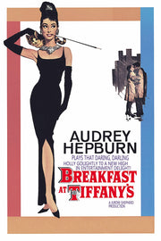 Breakfast at Tiffany's poster with Audrey Hepburn in a black gown, pearls, gloves, cat, cigarette holder, and red title text.