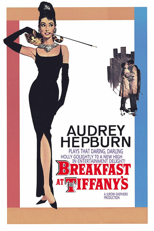 Breakfast at Tiffany's poster with Audrey Hepburn in a black gown, pearls, gloves, cat, cigarette holder, and red title text.