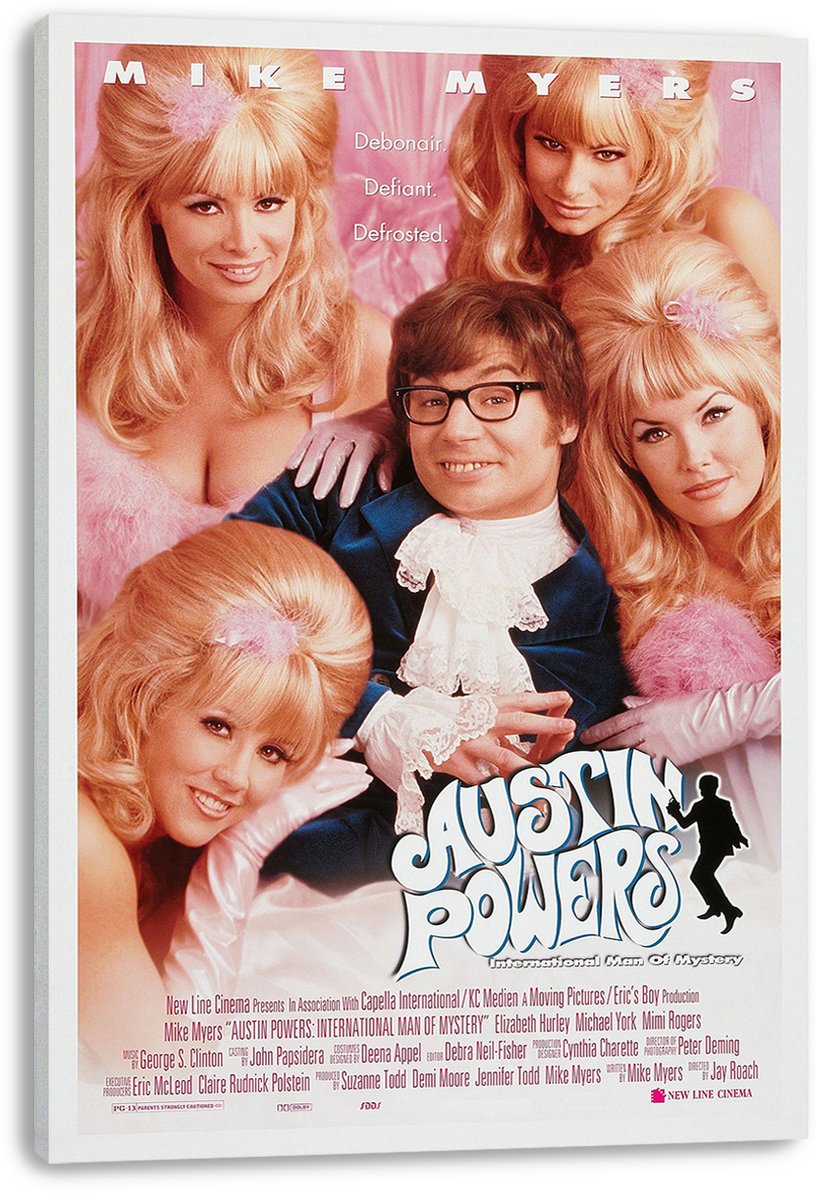 Austin Powers canvas wall art featuring Mike Myers in glasses and a blue suit, surrounded by blonde women in pink.