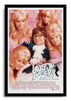 Austin Powers framed wall art print with Mike Myers in a blue suit, four blonde women, and a glossy black border.