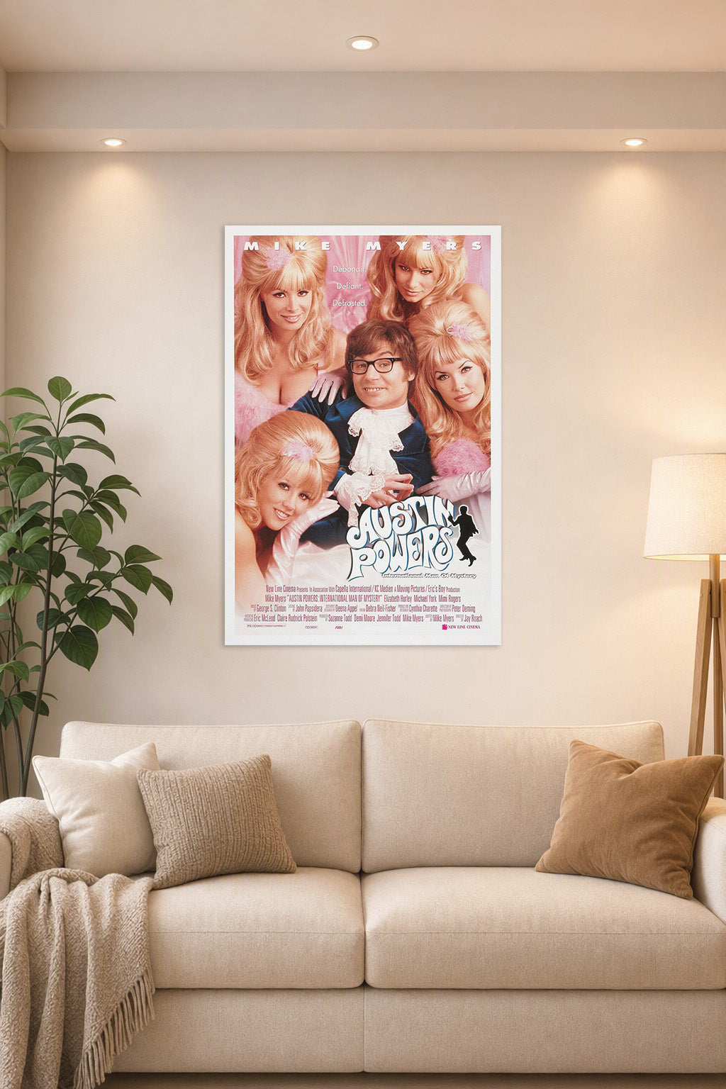 Austin Powers International Man of Mystery in a bright living room above a beige sofa.