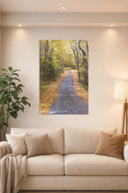 Autumn Forest Path in a bright living room above a beige sofa.