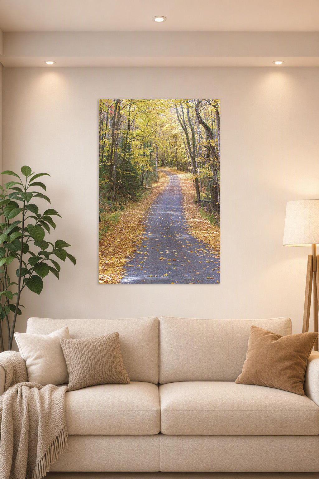 Autumn Forest Path in a bright living room above a beige sofa.