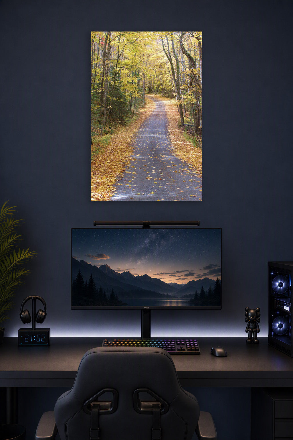 Autumn Forest Path in a gaming desk setup above a monitor.
