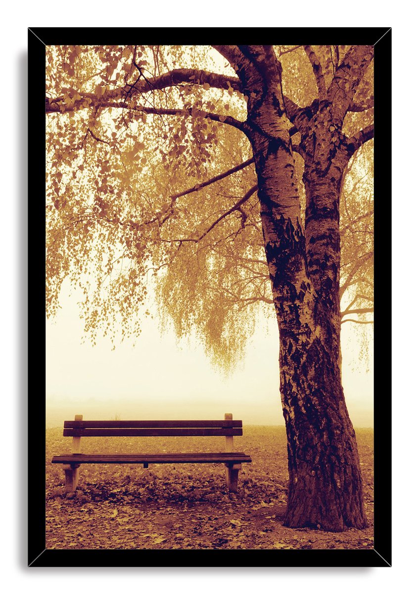 Autumn park bench wall art print in a black frame, with a towering tree and sepia leaves in soft morning mist.