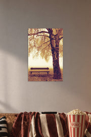 Autumn Park Bench and Tree in a cozy movie room above a brown sofa with popcorn.
