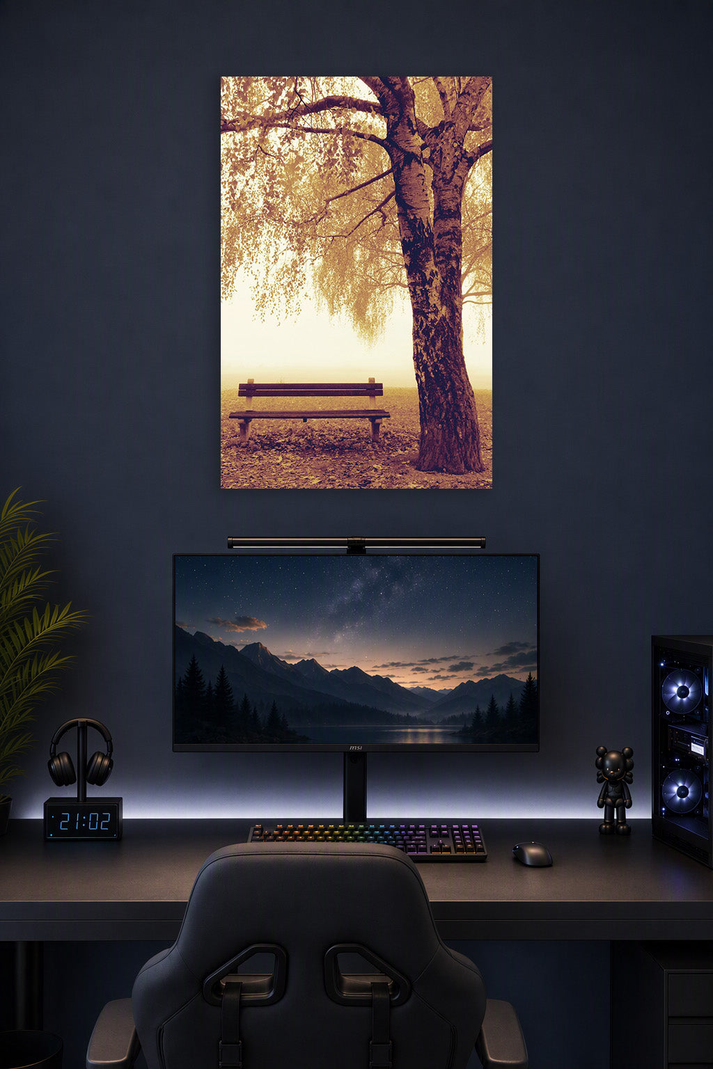 Autumn Park Bench and Tree in a gaming desk setup above a monitor.