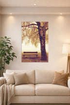 Autumn Park Bench and Tree in a bright living room above a beige sofa.