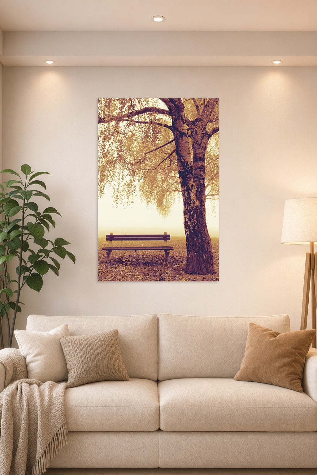 Autumn Park Bench and Tree in a bright living room above a beige sofa.