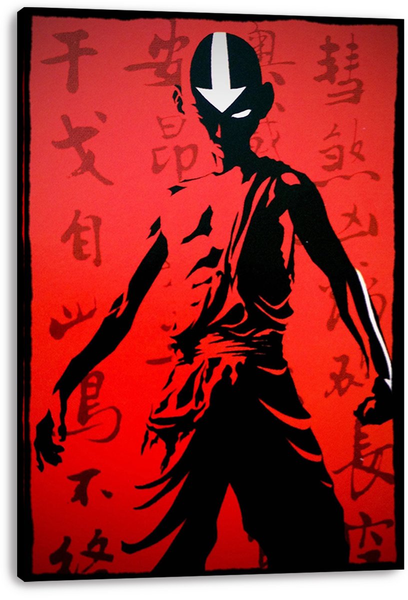 Avatar Aang canvas wall art print presents a black silhouette with a white forehead arrow against red brush-style characters.