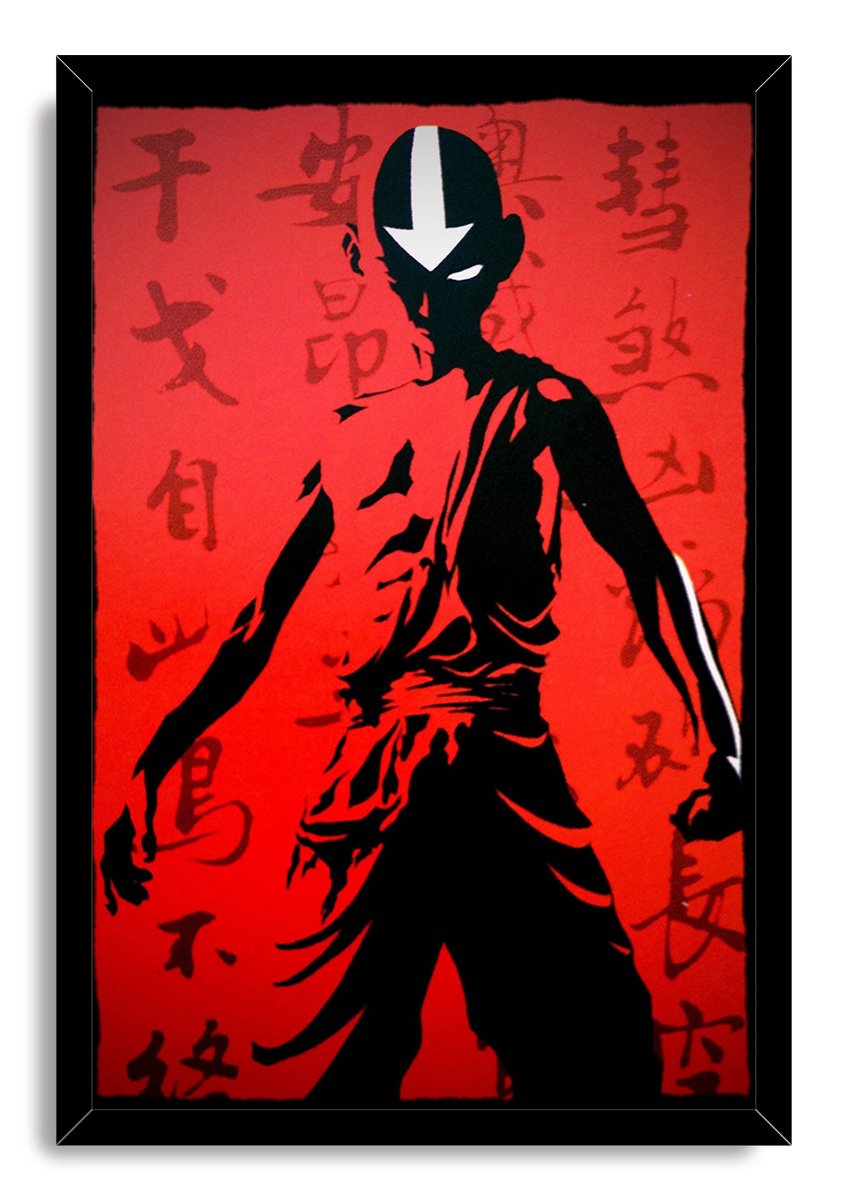 Avatar Aang framed wall art print features his black silhouette and white arrow tattoo on a red background with dark calligraphy.
