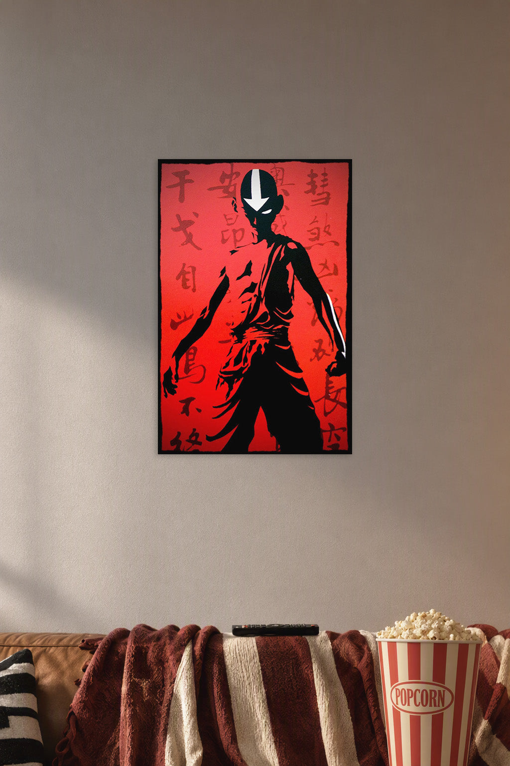 Avatar Aang Silhouette in a cozy movie room above a brown sofa with popcorn.