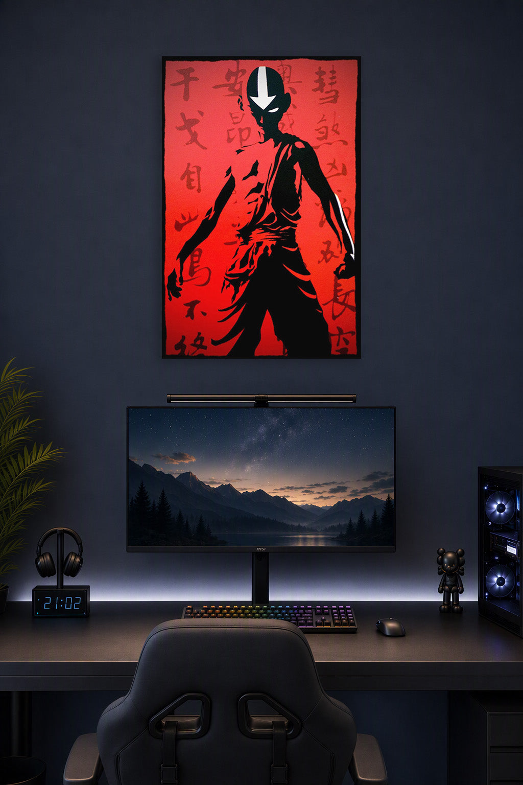 Avatar Aang Silhouette in a gaming desk setup above a monitor.