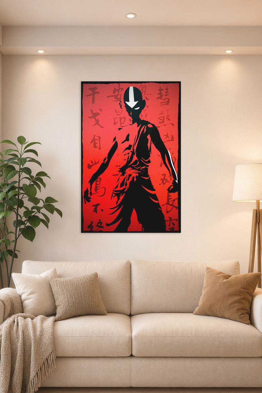Avatar Aang Silhouette in a bright living room above a beige sofa.