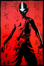 Avatar Aang wall art print features a black standing silhouette with a white arrow tattoo on a vivid red calligraphy background.