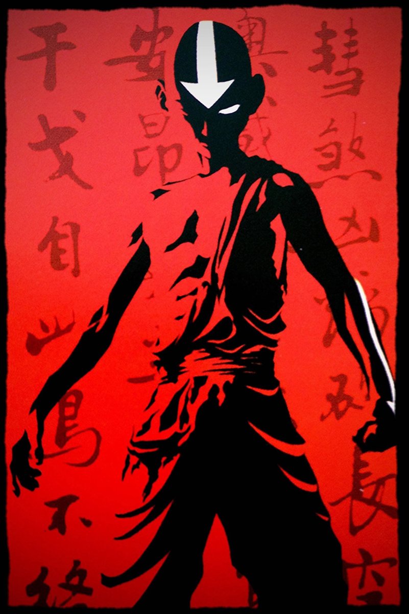 Avatar Aang wall art print features a black standing silhouette with a white arrow tattoo on a vivid red calligraphy background.