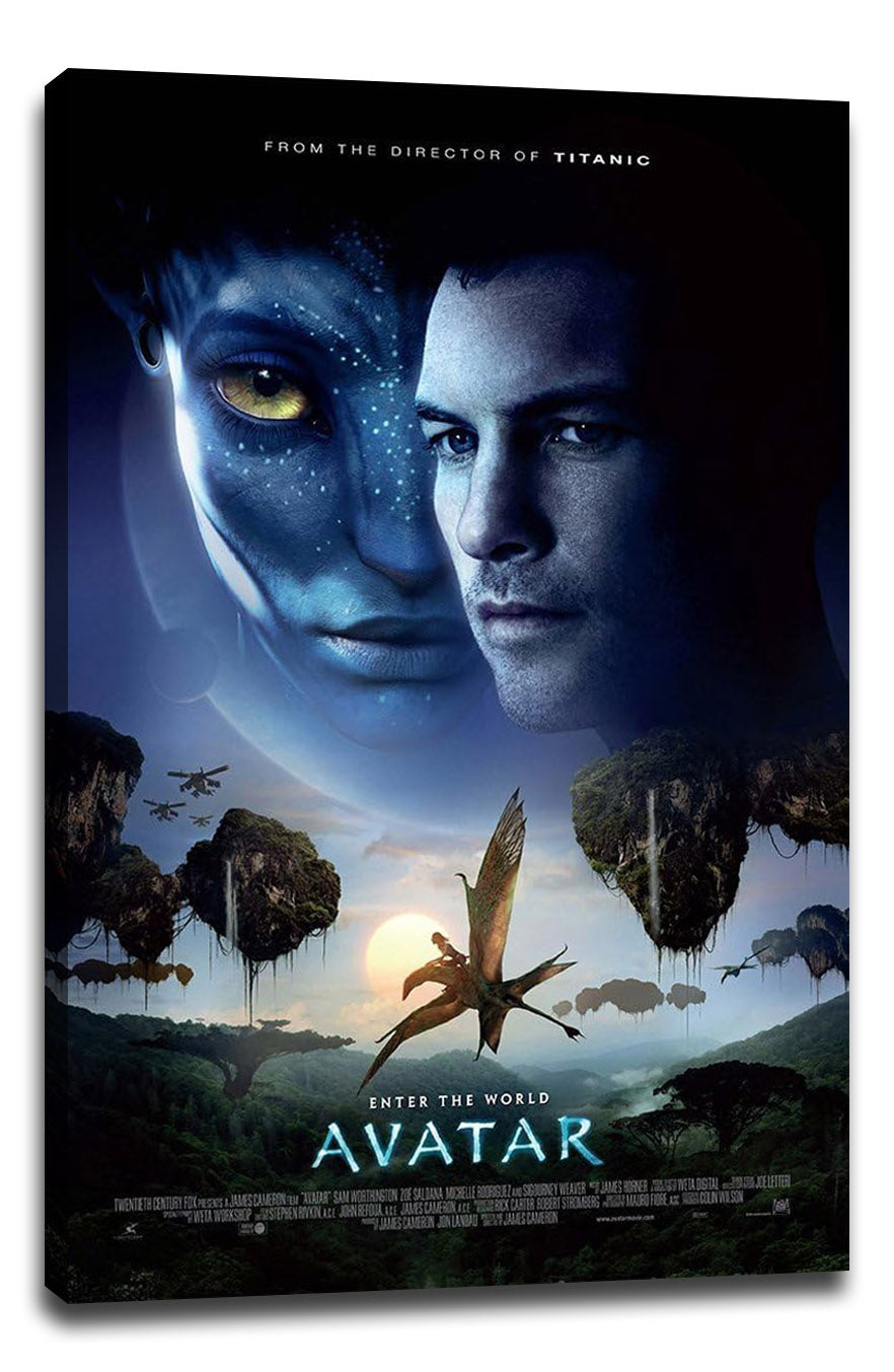 Avatar movie canvas wall art print featuring blue Na'vi and human faces above a rider on a winged creature over a forest.