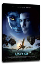 Avatar movie canvas wall art print featuring blue Na'vi and human faces above a rider on a winged creature over a forest.