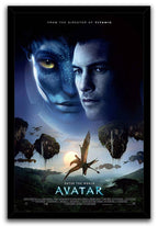 Avatar movie framed wall art print with paired blue Na'vi and human portraits, floating rainforest islands, and a flying rider.