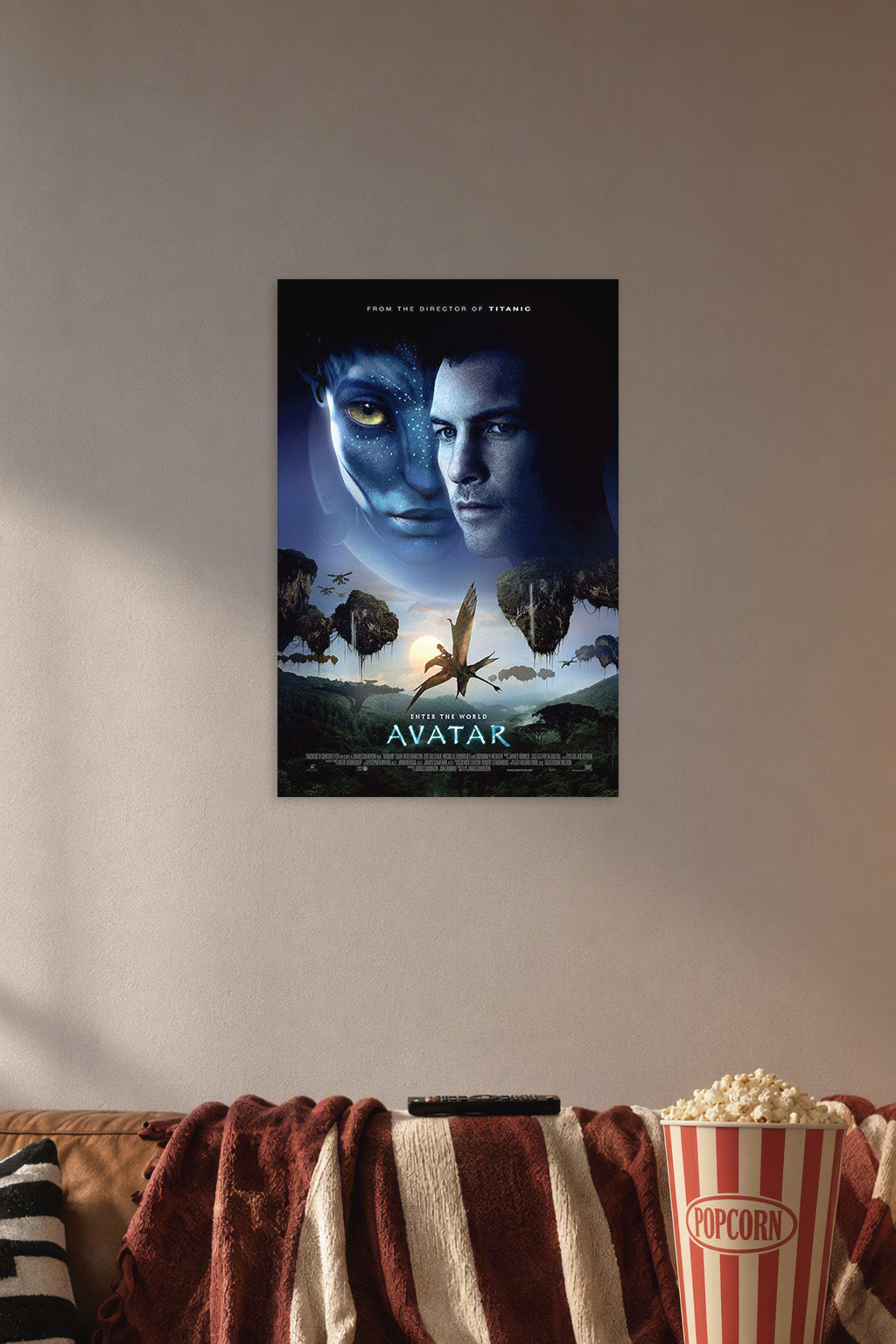 Avatar Movie in a cozy movie room above a brown sofa with popcorn.
